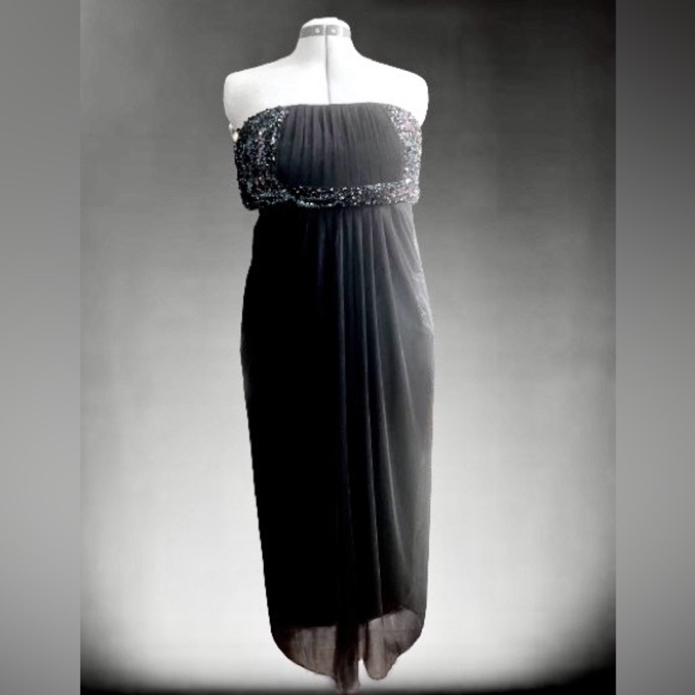 NWT, Strapless beaded bust gown; open, draped back, sz 8
